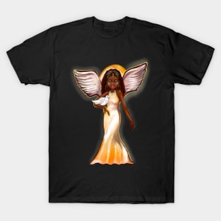 Angel with dove ii- Black angel of peace ! With glow, Afro hair, brown eyes, Cherry pink lips and dark brown skin. Hair love ! T-Shirt